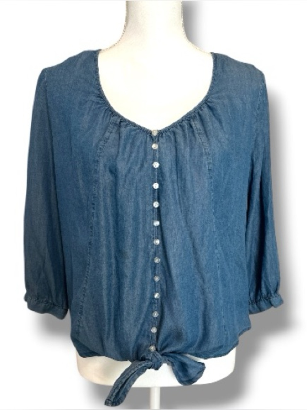 NWT Westbound Petites 100% Lyocell Chambray Tie Front Blouse Petite Medium